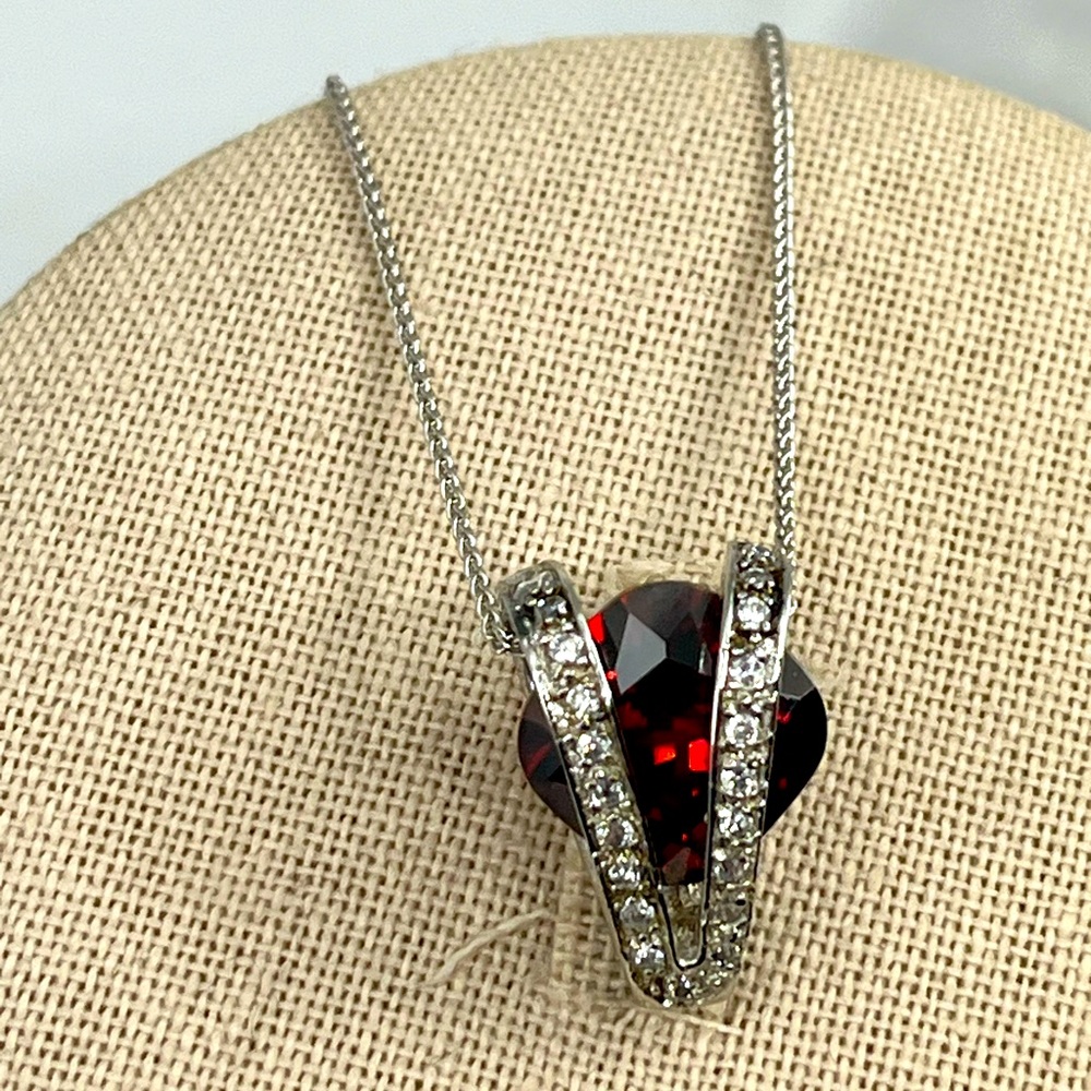 14K White Gold Chain w/ Sterling Silver Garnet Heart Pendant – 18" - Picture 1 of 16